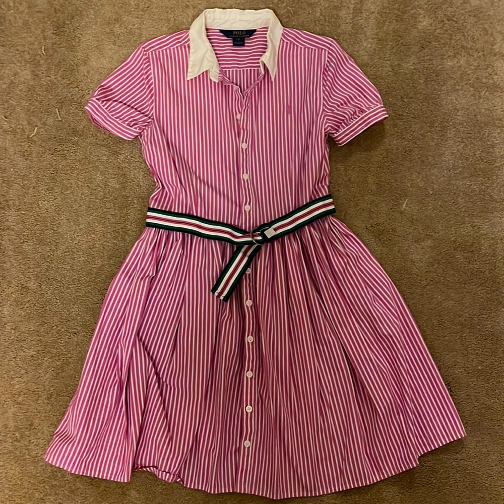 Ralph Lauren Preppy Pink White Striped Belted Button Front Shirt Dress Girls 14